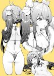  1girl ass bikini blush bow breasts cropped_legs from_behind front-tie_bikini front-tie_top fur_trim greyscale hair_between_eyes hair_bow halterneck idolmaster idolmaster_cinderella_girls jacket long_hair looking_at_viewer loose_bikini lying matoba_risa monochrome multiple_views mushi024 navel off_shoulder open_clothes open_jacket parted_lips sidelocks simple_background skindentation small_breasts solo_focus strap_gap string_bikini striped sweat swimsuit twintails vertical-striped_bikini vertical_stripes very_long_hair yellow_background 