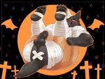  2020 anthro balls barazoku black_body black_fur blush butt canid canine canis erection fur genitals halloween hi_res holidays kemono kumao male mammal mummy_costume penis solo wolf 