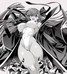  1girl :d bangs bb_(fate)_(all) bb_(swimsuit_mooncancer)_(fate) breasts cameltoe covered_navel dark_skin fate/grand_order fate_(series) gloves grey_background greyscale groin hair_ribbon highres leotard long_hair monochrome open_mouth purple_eyes ribbon robe simple_background smile solo takatsuki_ichi teeth 