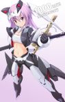  1girl alice_gear_aegis anniversary flat_chest highres looking_up mecha_musume midriff navel nikotama_mai purple_eyes purple_hair solo zb 