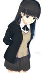  1girl absurdres amagami arms_behind_back ayatsuji_tsukasa bangs black_eyes black_hair black_jacket black_neckwear black_skirt blazer breasts closed_mouth collared_shirt dated dress_shirt eyebrows_visible_through_hair happy_birthday highres huge_filesize jacket kibito_high_school_uniform long_hair looking_at_viewer misaki_nonaka open_blazer open_clothes open_jacket pleated_skirt school_uniform shirt simple_background skirt small_breasts smile solo sweater_vest white_background white_shirt 