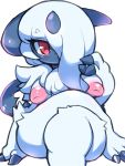  absol anthro asymmetrical_hair big_breasts breasts claws crossed_legs female fur hi_res horn inverted_nipples nekoyuu nintendo nipples pok&eacute;mon pok&eacute;mon_(species) red_eyes solo video_games white_body white_fur 