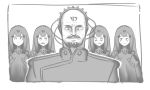  1boy 4girls bald beard black_hair command_and_conquer command_and_conquer:_red_alert_2 crossover english_commentary facial_hair girls_frontline headgear military military_uniform multiple_girls mustache nyto_obelisk_(girls_frontline) paradeus scared serjatronic sweat uniform yuri_(c&amp;c) 