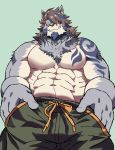  abs anthro bottomwear canid canine canis clothing fur male mammal muscular muscular_anthro muscular_male pecs ryuulabo simple_background solo tattoo temujin tokyo_afterschool_summoners video_games white_body white_fur wolf 