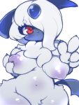  absol anthro asymmetrical_hair big_breasts big_hands breasts chest_tuft claws female fur horn inverted_nipples nekoyuu nintendo nipples pok&eacute;mon pok&eacute;mon_(species) red_eyes solo thick_thighs tuft video_games white_body white_fur 