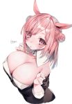  1girl animal_ears blush breasts cat_ears cleavage double_bun final_fantasy final_fantasy_xiv highres himegi_you large_breasts miqo&#039;te pink_eyes pink_hair signature simple_background solo tight_top upper_body white_background 