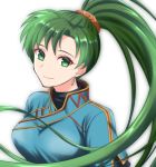  1girl bangs blue_dress breasts china_dress chinese_clothes dress earrings fire_emblem fire_emblem:_the_blazing_blade green_eyes green_hair jewelry kakiko210 looking_at_viewer lyn_(fire_emblem) ponytail smile 