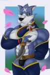  2020 abs anthro armwear belt blue_body blue_fur bulge canid canine canis canyne capcom clothed clothing digital_media_(artwork) flower_petals fur hi_res klr-rio knife legwear looking_at_viewer male mammal monster_hunter monster_hunter_rise muscular muscular_anthro muscular_male nipples palamute petals scarf solo underwear vein video_games wolf 