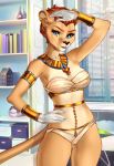  ah&#039;lina_the_lioness anthro armlet blue_eyes bracelet breasts cleavage clothed clothing cute_fangs ear_piercing felid female fur hair hand_on_hip hi_res jewelry lion looking_at_viewer mammal narwhal_lv necklace orange_hair pantherine piercing short_hair skimpy smile solo tan_body tan_fur 