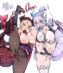 2girls absurdres areolae asymmetrical_docking bangs bikini bikini_under_clothes black_footwear blush boots bow breast_press breasts breasts_outside character_name cleavage copyright_request detached_collar dragon dragon_girl dragon_horns dragon_tail dress harigane_shinshi highres horns kneepits large_breasts long_hair looking_at_viewer maid_headdress micro_bikini multiple_girls nipples one_breast_out open_mouth pantyhose partially_visible_vulva pointy_ears red_eyes slit_pupils smile split standing standing_on_one_leg standing_split swimsuit tagme tail tail_bow thighhighs twintails unaligned_breasts virtual_youtuber wings 
