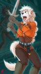  absurd_res anthro battle ciri evie_(zummeng) female fight forest harkrun hi_res melee_weapon monster solo sword the_witcher tree weapon witcher 