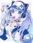  +_+ 1girl animal_ears arm_up bandaid bandaid_on_finger bangs baseball_cap blue_eyes blue_hair blue_jacket candy cat_ear_headphones cat_ears chon_(chon33v) commentary_request cropped_torso eyebrows_visible_through_hair fake_animal_ears food hair_between_eyes hair_ornament hand_up hat headphones highres holding holding_candy holding_food holding_lollipop jacket lollipop long_hair long_sleeves looking_at_viewer nail_polish open_clothes open_jacket original parted_lips purple_hair purple_nails shirt sleeves_past_wrists solo sparkle twintails upper_body very_long_hair white_headwear white_shirt x_hair_ornament 