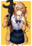  1girl bangs black_bow blue_nails blush border bow collarbone collared_shirt cowboy_shot eyebrows_visible_through_hair girls_frontline gun h&amp;k_ump hair_between_eyes hair_bow hair_ornament hairclip highres holding holding_weapon jewelry long_hair long_sleeves looking_at_viewer nail_polish nakiusagi necklace pleated_skirt red_eyes school_uniform shirt shirt_tucked_in simple_background skirt smile solo standing submachine_gun sweater teeth twintails ump9_(girls_frontline) v weapon white_shirt yellow_background 