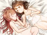  2girls bed blush breasts brown_eyes brown_hair cleavage closed_eyes hair_spread_out hand_on_another&#039;s_arm hand_on_another&#039;s_face highres lingerie long_hair lying medium_hair multiple_girls navel on_bed original panties see-through smile sumitokohyutan underwear yuri 
