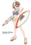  1boy 1girl armor bikini_armor brown_hair cosplay gun gundam hea-san highres holding holding_gun holding_shield holding_weapon looking_at_viewer loran_cehack mecha_musume miniboy shield short_hair sochie_heim solo_focus standing swimsuit turn_a_gundam turn_a_gundam_(mobile_suit) turn_a_gundam_(mobile_suit)_(cosplay) weapon 