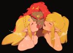  2020 absurd_res bisexual black_background blonde_hair breasts breath_of_the_wild combos-n-doodles eyes_closed female french_kissing ganondorf gerudo group hair hi_res humanoid humanoid_on_humanoid humanoid_pointy_ears hylian kissing link long_hair male male/female male/male mammal nintendo not_furry nude open_mouth princess_zelda red_hair simple_background the_legend_of_zelda tongue tongue_out video_games 