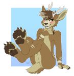  2020 4_fingers 4_toes anthro antlers arm_support athletic athletic_anthro athletic_male barefoot biped black_eyebrows blue_background blush border brown_body brown_claws brown_eyes brown_fur brown_hair brown_nose brown_pawpads butt cheek_tuft claws crossed_legs dated digital_drawing_(artwork) digital_media_(artwork) dipstick_hair embarrassed eyebrows facial_tuft fingers fluffy fluffy_tail front_view fur fur_markings fur_tuft girly grey_text hair hand_on_chest head_tuft hindpaw horn jackalope kazuk9 lagomorph legs_up looking_away male mammal markings matt_(jackalopeboyo) multicolored_body multicolored_fur nude number on_ground pawpads paws short_hair shoulder_tuft shy signature simple_background sitting small_tail smile solo striped_body striped_fur stripes tan_body tan_fur tan_stripes teeth three-quarter_view toes tuft white_border 