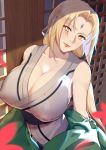  1girl absurdres bare_shoulders breasts cleavage collarbone commentary_request covered_nipples guudoung_guudong hair_intakes highres huge_breasts large_breasts lips long_hair looking_at_viewer naruto naruto_(series) orange_eyes puffy_nipples smile solo tsunade very_long_hair 