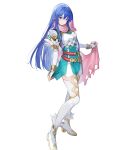  1girl ankle_boots armor bangs belt blue_eyes blue_hair boots breastplate caeda_(fire_emblem) cape closed_mouth dress elbow_gloves feather_trim fire_emblem fire_emblem:_mystery_of_the_emblem fire_emblem_heroes full_body gloves highres holding long_hair looking_at_viewer multiple_belts official_art pink_cape shiny shiny_hair short_dress shoulder_armor skirt_hold smile solo standing thighhighs transparent_background white_legwear zettai_ryouiki 