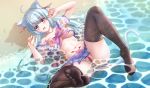  animal_ears aqua_hair breasts nipples no_bra panties pussy skirt striped_panties tagme_(artist) tagme_(character) tail tattoo thighhighs torn_clothes uncensored underwear water wings 