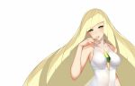  1girl bare_arms blonde_hair breasts collarbone commentary_request dean diamond_(shape) dress emerald_(gemstone) eyebrows_visible_through_hair eyelashes green_eyes hand_up light_smile long_hair lusamine_(pokemon) parted_lips pokemon pokemon_(game) pokemon_sm sleeveless sleeveless_dress solo upper_body white_background white_dress 