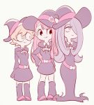  3girls blonde_hair boots chibi dress glasses hand_on_hip hat kagari_atsuko knee_boots little_witch_academia long_dress long_hair lotte_jansson luna_nova_school_uniform multiple_girls purple_hair round_eyewear school_uniform short_hair simple_background sucy_manbavaran tama_(tm_suac) witch_hat 