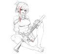  1girl alma01 alternate_costume assault_rifle bangs bare_shoulders braid breasts collar commentary eyebrows_visible_through_hair full_body girls_frontline greyscale gun hair_between_eyes hair_ornament highres long_hair looking_at_viewer m4_carbine m4_sopmod_ii_(girls_frontline) monochrome multicolored_hair off_shoulder open_mouth red_eyes red_hair rifle scope short_shorts short_sleeves shorts sideboob sidelocks simple_background sitting smile solo streaked_hair suppressor weapon white_background 