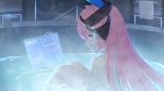  1065587906 1girl bath blue_eyes character_request closed_mouth completely_nude highres hologram holographic_interface honkai_(series) honkai_impact_3rd horns long_hair multicolored multicolored_hair nude partially_submerged pink_hair ripples scar sitting solo steam streaked_hair towel water wet white_hair 
