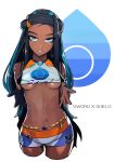 1girl aqua_eyes armlet belly_chain bike_shorts black_hair breasts clothes_tug commentary copyright_name dark_skin earrings eyelashes fumetsu gloves gym_leader hoop_earrings jewelry long_hair looking_at_viewer multicolored_hair navel nessa_(pokemon) number parted_lips pink_eyeshadow pokemon pokemon_(game) pokemon_swsh shiny shiny_skin sidelocks single_glove small_breasts smile solo stomach teasing two-tone_hair underboob 