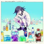  1202_koge 1boy blue_background blurry blurry_background blurry_foreground bottle brand_name_imitation c.c._lemon calpis checkered checkered_scarf coca-cola commentary_request danganronpa depth_of_field flats full_body holding holding_bottle jacket long_sleeves looking_at_viewer male_focus mellow_yellow mitsuya_cider new_danganronpa_v3 orangina ouma_kokichi pants pepsi purple_eyes purple_hair ramune scarf shoes smile soda soda_bottle solo sprite_(drink) squatting straitjacket white_jacket white_pants 