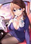  1girl :d bangs blazer blue_eyes blue_jacket blue_skirt blush boku_no_kanojo_sensei breasts brooch brown_hair brown_legwear car_interior cleavage collarbone collared_shirt earrings eyebrows_visible_through_hair fujiki_maka hair_between_eyes jacket jewelry large_breasts long_hair looking_at_viewer miniskirt neck_ribbon office_lady open_mouth oryou pantyhose pencil_skirt ribbon shirt skirt smile solo undershirt white_neckwear white_shirt 