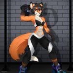  abs anthro athletic black_hair bottomwear bra breasts canid canine cleavage clenched_teeth clothed clothing dipstick_tail exercise female fluffy fluffy_tail footwear fox fur hair hi_res mammal multicolored_tail muscular muscular_anthro muscular_female orange_body orange_fur pants red_eyes rosaline_(bronx23) shoes short_hair solo sports_bra taillessbunny teeth training underwear weightlifting weights workout 