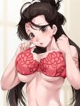  1girl bare_shoulders blush body_markings bra breasts brown_eyes brown_hair facial_mark fate/grand_order fate_(series) forehead forehead_mark highres himiko_(fate) large_breasts long_hair looking_at_viewer mukunokino_isshiki open_mouth pink_bra simple_background topknot twintails underwear white_background 