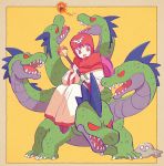  1boy dragon_quest dragon_quest_ii fantasy hydra long_hair monster pink_hair princess_of_moonbrook red_eyes robe simple_background sitting slime_(dragon_quest) staff yamata_no_orochi_(dragon_quest) yuza 