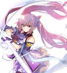  1girl bangs black_legwear breasts closed_mouth ddolggol detached_sleeves dress eyebrows_visible_through_hair frilled_dress frills genshin_impact gloves holding holding_sword holding_weapon keqing korean_commentary long_hair pantyhose purple_eyes purple_gloves purple_hair simple_background solo sword twintails weapon white_background wide_sleeves 