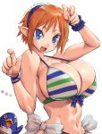  1girl amania_orz blue_eyes breasts dated disgaea large_breasts looking_at_viewer magic_knight_(disgaea) open_mouth orange_hair pointy_ears prinny shiny shiny_hair shiny_skin short_hair simple_background white_background 
