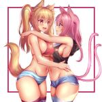  2girls ahoge animal_ear_fluff animal_ears bangs bikini bikini_top blonde_hair blue_eyes blush breasts cat_ears cat_tail collaboration cowboy_shot cutoffs denim denim_shorts exposed_pocket eyebrows_visible_through_hair fang hair_between_eyes hand_on_another&#039;s_hip highres hug kaptivate large_breasts long_hair looking_at_another medium_breasts micro_shorts multiple_girls multiple_tails navel nekomia_(kaptivate) nottytiffy open_mouth original pink_hair red_eyes short_shorts shorts slit_pupils smile swimsuit tail tank_top thighhighs tiffy_(nottytiffy) towel twintails two_tails 