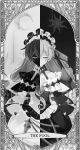  1065587906 1girl absurdres bare_shoulders closed_eyes closed_mouth collarbone contrast dress earrings eyebrows_visible_through_hair frills greyscale hair_between_eyes highres honkai_(series) honkai_impact_3rd jewelry long_hair maid_headdress monochrome moon single_earring smile solo sun tarot the_fool_(tarot_card) 