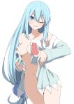  1girl alternate_hairstyle aqua_(konosuba) bangs blue_eyes blue_hair bottomless breasts collarbone commentary cowboy_shot eyebrows_visible_through_hair groin hair_between_eyes hair_ornament kono_subarashii_sekai_ni_shukufuku_wo! long_hair long_sleeves looking_at_viewer medium_breasts naughty_face navel no_bra off_shoulder one_eye_closed open_clothes pajamas raised_eyebrows salpin simple_background smile solo thighs white_background 