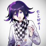  1202_koge 1boy :d bandana buttons checkered danganronpa disconnected_mouth eyebrows_visible_through_hair flipped_hair grey_hair hair_between_eyes hand_up long_sleeves looking_at_viewer male_focus new_danganronpa_v3 open_mouth ouma_kokichi purple_eyes purple_hair ringed_eyes simple_background smile solo translation_request upper_body 