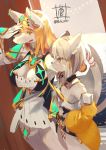  2_tails alternate_species anthro armwear blonde_hair breasts canid canine cleavage clothed clothing detached_sleeves dress duo ear_piercing felid feline female female/female fur furrification hair hi_res jewelry kemono long_hair mammal multi_tail mythra_(xenoblade) nia_(xenoblade) pale_(1080) piercing ribbons short_hair signature tail_ribbon white_body white_fur white_hair xenoblade_chronicles_2 yellow_eyes 