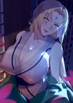  1girl absurdres bare_shoulders breasts cleavage collarbone commentary_request covered_nipples guudoung_guudong hair_intakes highres huge_breasts large_breasts lips long_hair looking_at_viewer naruto naruto_(series) orange_eyes puffy_nipples smile solo tsunade very_long_hair 