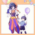  1202_koge 2boys ahoge balloon belt belt_buckle blue_hair blue_shirt border brown_belt buckle collared_shirt commentary_request danganronpa flipped_hair frilled_sleeves frills hair_between_eyes hat holding holding_balloon holding_hands jester_cap kneehighs looking_at_another looking_at_viewer male_focus multicolored_pants multiple_boys neck_ruff new_danganronpa_v3 open_mouth orange_border orange_pants ouma_kokichi outside_border pants pleated_shorts puffy_pants purple_eyes purple_hair purple_pants purple_vest saihara_shuuichi shirt shirt_tucked_in shorts simple_background smile striped striped_pants vest white_background wrist_cuffs yellow_eyes younger 