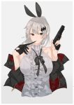  1girl animal_ears artist_name bare_shoulders barrette black_gloves black_neckwear bow bowtie breasts brown_eyes bunny_ears bunny_hair_ornament closed_mouth eyebrows_visible_through_hair finger_to_mouth five-seven_(girls_frontline) five-seven_(gun) girls_frontline gloves gloves_removed grey_background gun hair_ornament handgun highres holding holding_gun holding_weapon jacket large_breasts long_hair looking_at_viewer shirt silver_hair single_glove solo sutekina_awa weapon white_shirt 