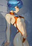  1girl areolae ayanami_rei bangs blue_hair breasts cowboy_shot eyebrows_visible_through_hair interface_headset leaning_back looking_at_viewer neon_genesis_evangelion one-piece_swimsuit optionaltypo red_eyes revealing_clothes short_hair small_breasts solo swimsuit zipper_pull_tab 