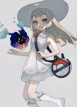  1girl absurdres bag bare_shoulders blonde_hair closed_mouth cosmog creature dress eyes_visible_through_hair floating gen_7_pokemon green_eyes grey_background hat headband highres legendary_pokemon lillie_(pokemon) long_hair open_mouth pokemon pokemon_(creature) pokemon_(game) pokemon_sm see-through simple_background smile sparkle sundress white_dress white_footwear white_headband yellow_eyes zumochi 