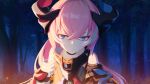  1065587906 1girl armor bare_shoulders black_choker blue_eyes character_request choker closed_mouth clothing_cutout embers forest hair_between_eyes highres honkai_(series) honkai_impact_3rd horns long_hair multicolored multicolored_hair nature night pink_hair shoulder_cutout solo streaked_hair tree upper_body white_hair 
