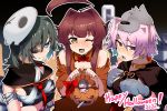  3girls ahoge alternate_costume breasts brown_eyes brown_hair eyepatch green_hair hair_intakes halloween_costume huge_ahoge kantai_collection kiso_(kantai_collection) kitakami_(kantai_collection) kuma_(kantai_collection) long_hair mask mask_on_head medium_breasts multiple_girls one_eye_closed ooi_(kantai_collection) pink_hair red_eyes short_hair sirakane_(tigo5115) skull_mask tama_(kantai_collection) 