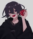  1boy apple bangs black_cloak checkered cloak collarbone commentary_request danganronpa fang food fruit grey_background hair_between_eyes highres holding hood inagoinaire long_sleeves looking_at_viewer male_focus new_danganronpa_v3 open_mouth ouma_kokichi purple_eyes red_apple simple_background smile solo upper_body 