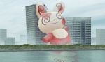  building cityscape closed_mouth clumsy commentary_request day dynamax falling gen_3_pokemon giant grass no_humans outdoors pokemon pokemon_(creature) reflection smile solo spinda spiral_eyes toy(e) water 